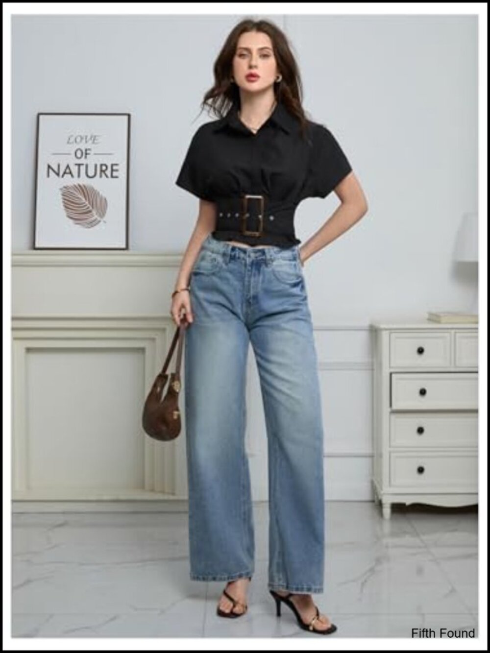 Y2K Cinched Waist Button Down Pleated Shirt, Cropped, Short Sleeve, Stand - Picture 4 of 6